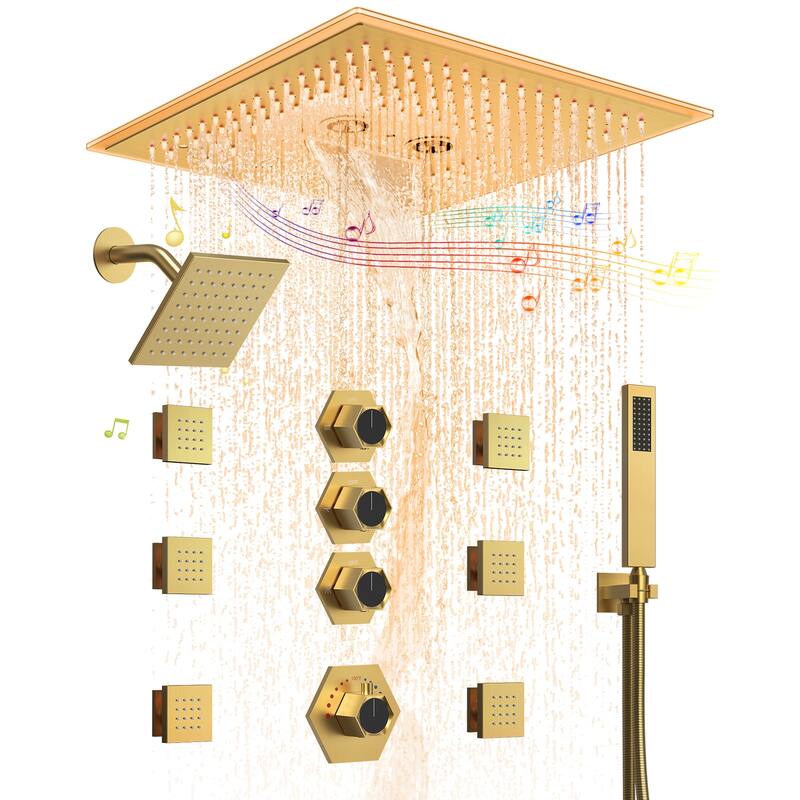Shower Faucet System 16" Ceiling Mount Shower Head 3 Spray Modes Body Jets Handheld Spray with Slide Bar LED Music
