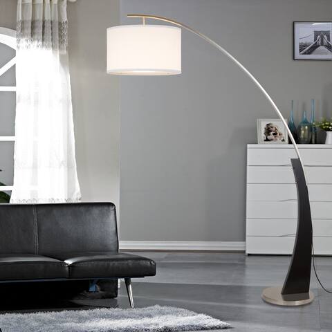 Q-Max Arched Floor Lamp with Drum Shade and Unique Black Wood Pole Base with Metal Base
