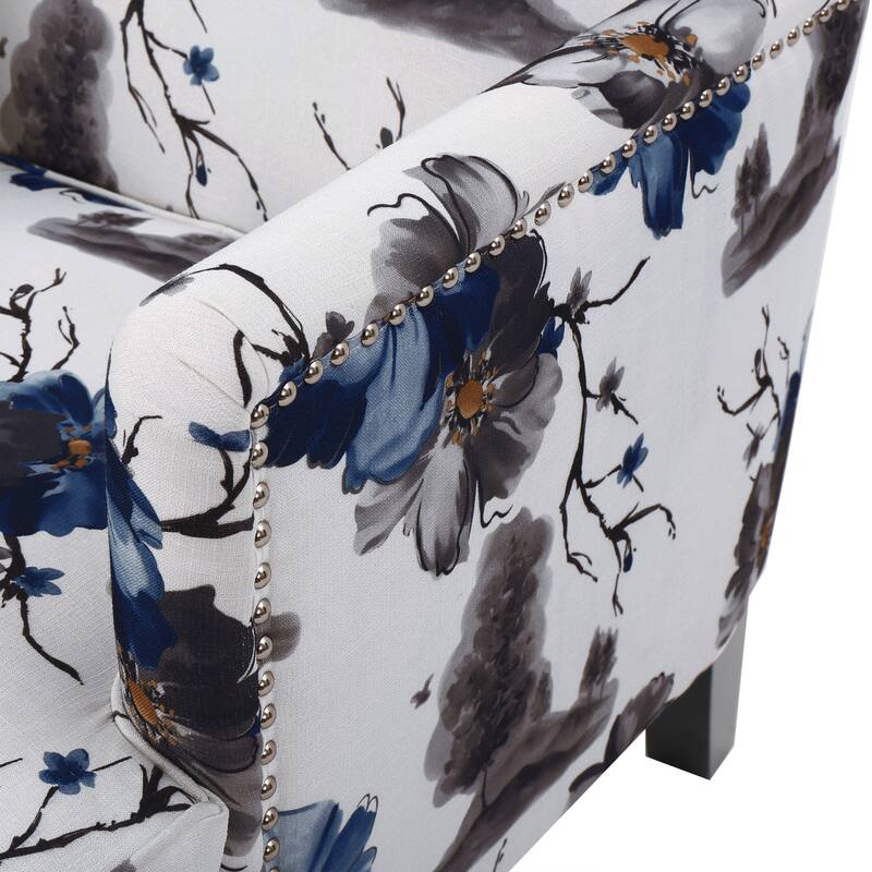 Elegant Floral Fabric Club Chair Sofa Couch with Birch Wood Legs, Nailhead Accents, Plush Upholstery Armchair for Living Room