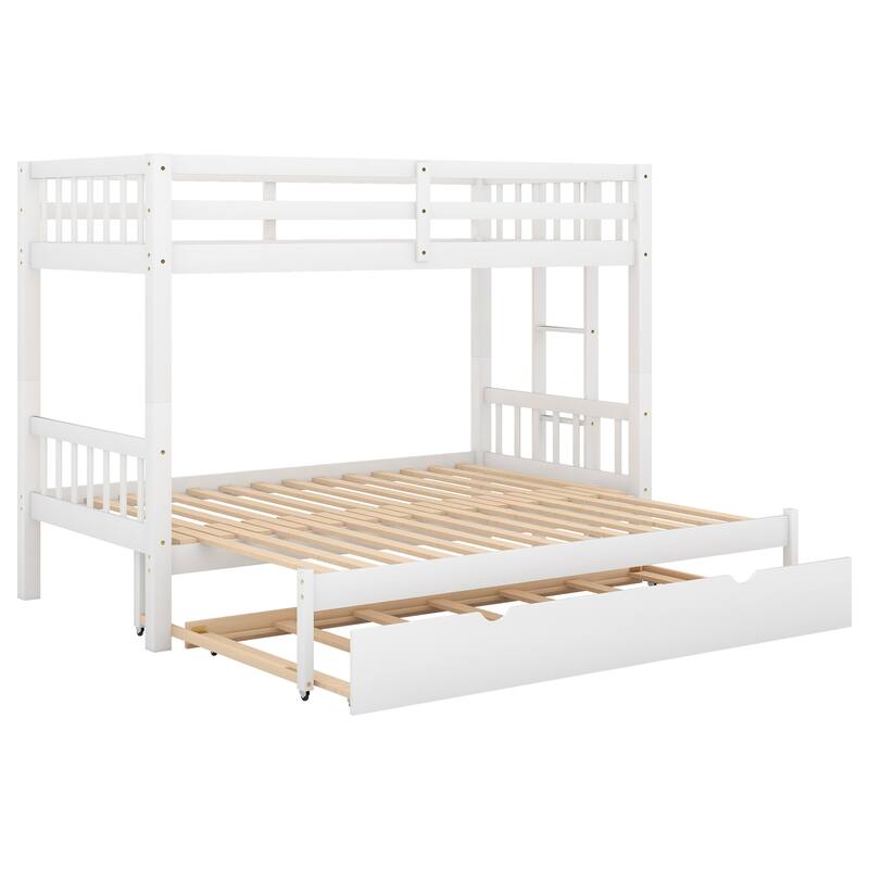 Pine Wood Twin Over Double Twin Bunk Bed with Pull-Out Trundle and Ladder, Fits 4 People