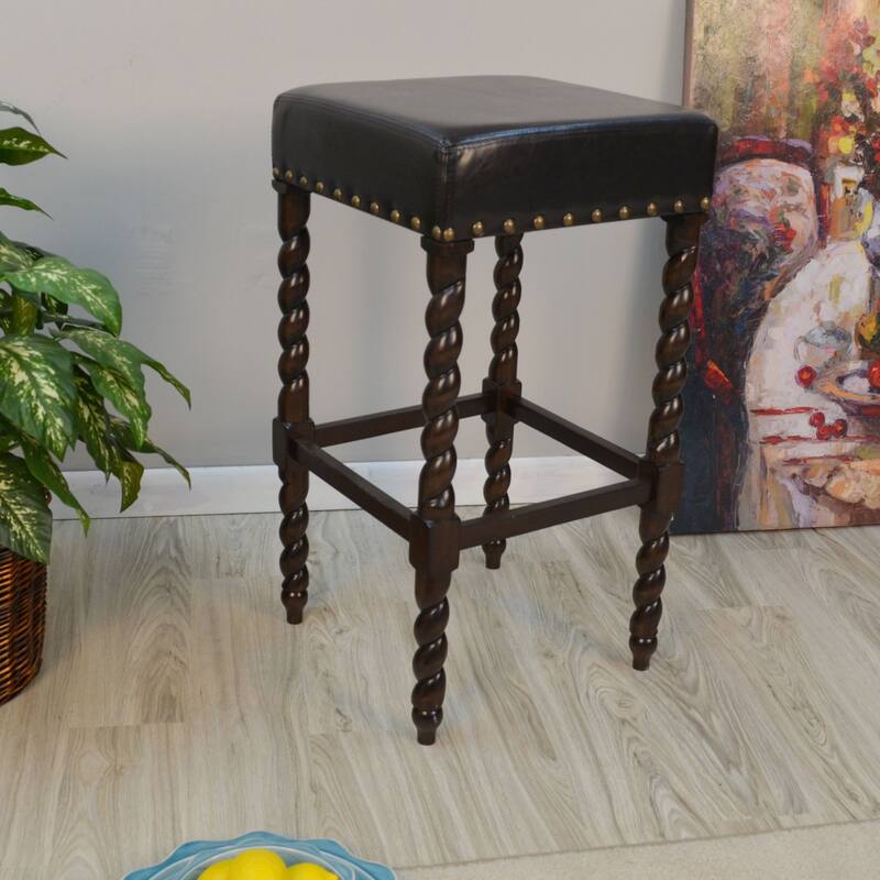30" Brown Nailhead Trimmed Bar Stool with Barley Twist Legs