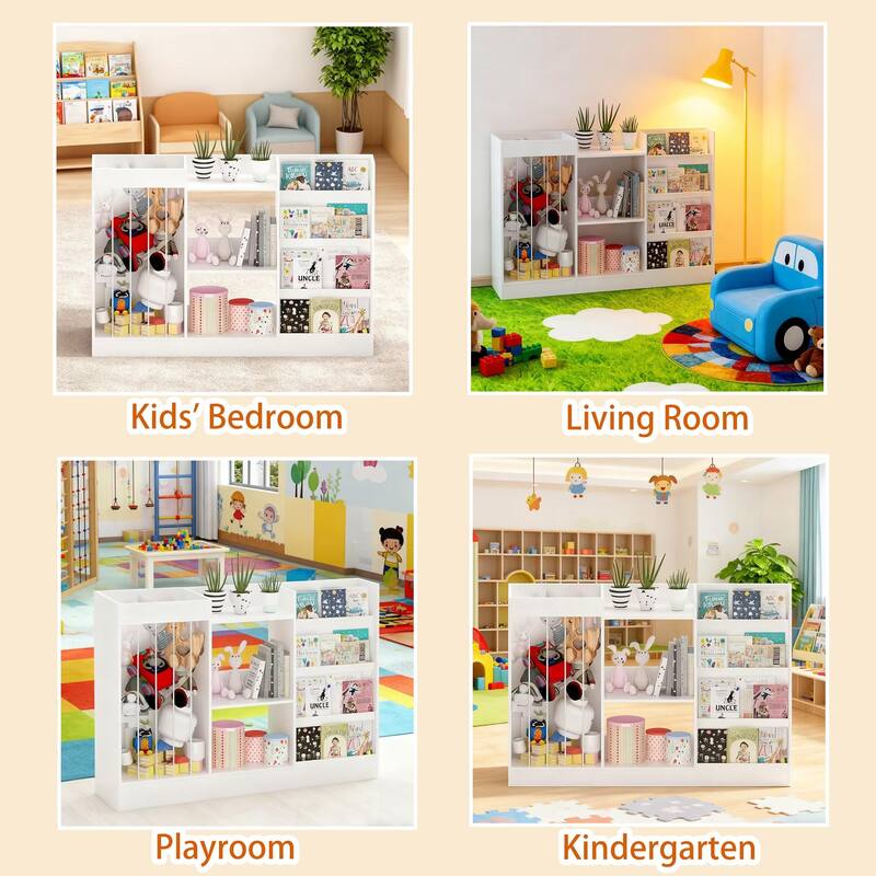 Kids Bookshelf and Toy Storage, 3-Tier Book Shelf for Kids Rooms, Sling Baby Bookcase with Stuffed Animal Storage