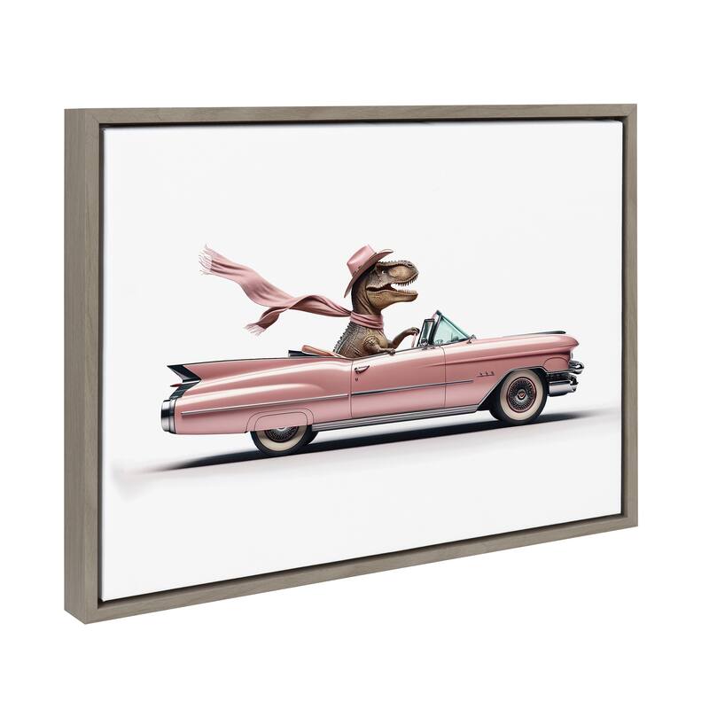Kate and Laurel Sylvie Cowgirl Dino Driving 1950s Pink Cadillac Framed Canvas by Saint and Sailor Studios - 18x24 - Grey