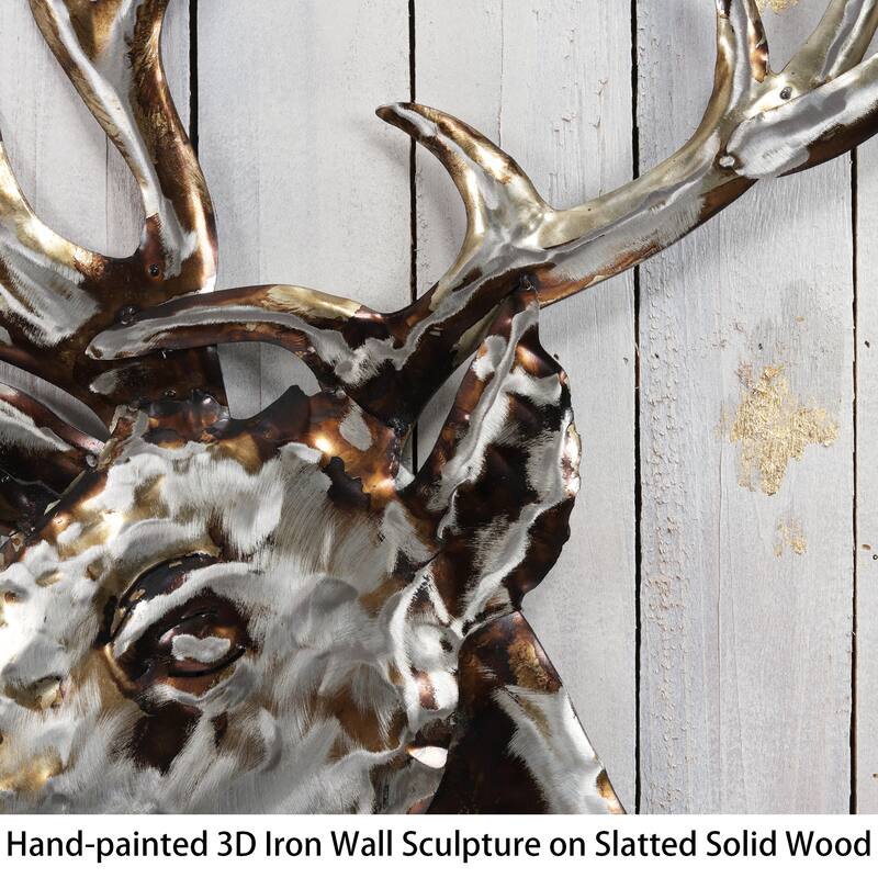 Iron Deer on Slatted Solid Wood Wall Sculpture Set of 2