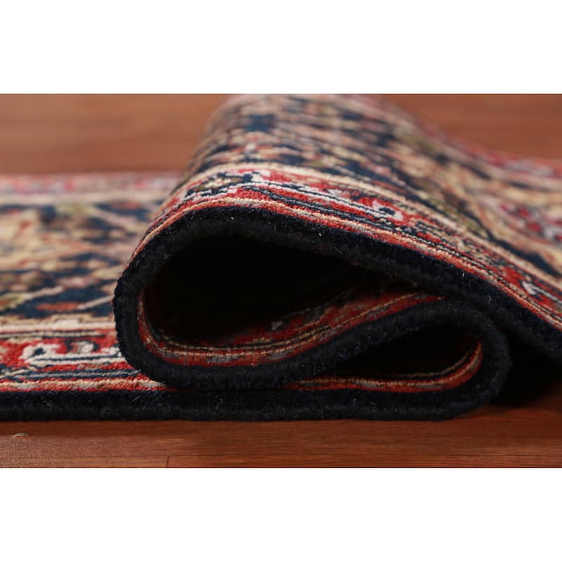 Hand Knotted Oriental 100% Wool Carpet Traditional Geometric Navy Blue & Blues Heriz (serapi) Runner Rug - 7' 10'' X 2' 7''