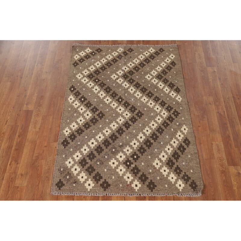 Brown Geometric Kilim Oriental Area Rug Flatweave Wool Carpet - 3'5"x 4'11"