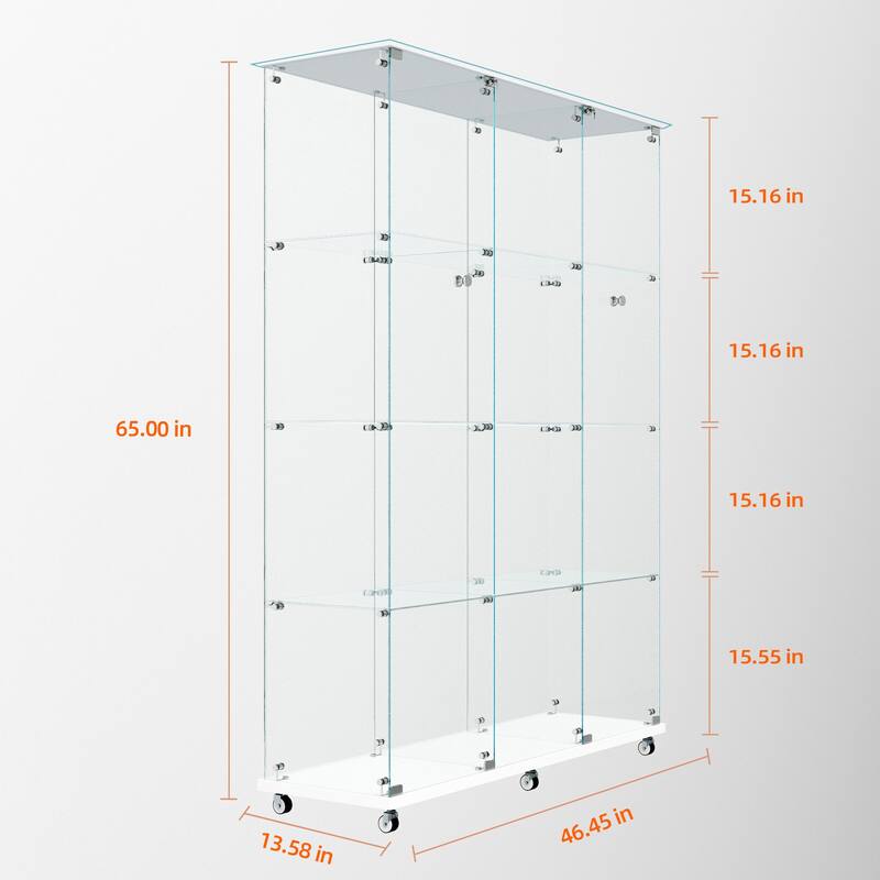 Tempered Glass Display Cabinet, File Cabinet with Bluetooth LED Light Strips,Tempered Glass Top, Lock on Door Wheels