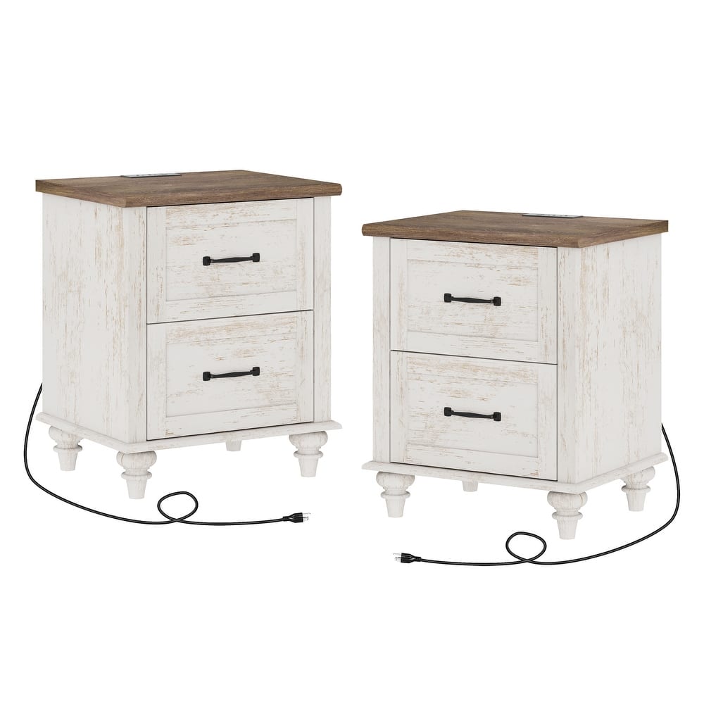 Farmhouse End Table Nightstands with Charging Station & Drawer