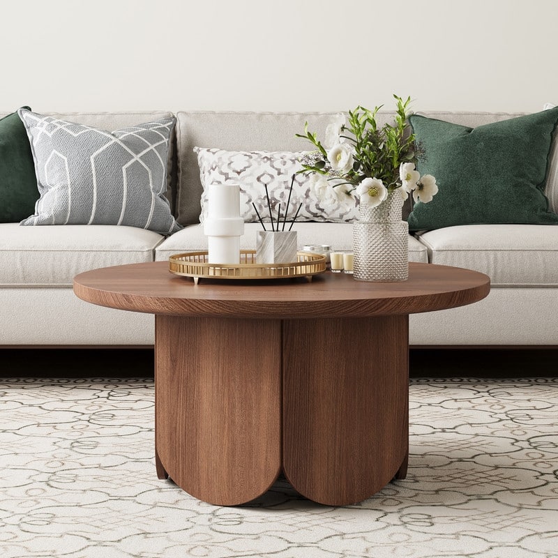 Mid-Century Modern 31" Round Side Table - Sculpted Petal Base, Smooth Faux Wood Finish