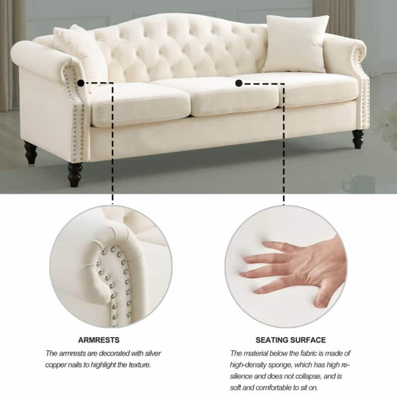 79" Chesterfield Sofa Grey Velvet for Living Room, 3 Seater Sofa Tufted Couch with Rolled Arms and Nailhead