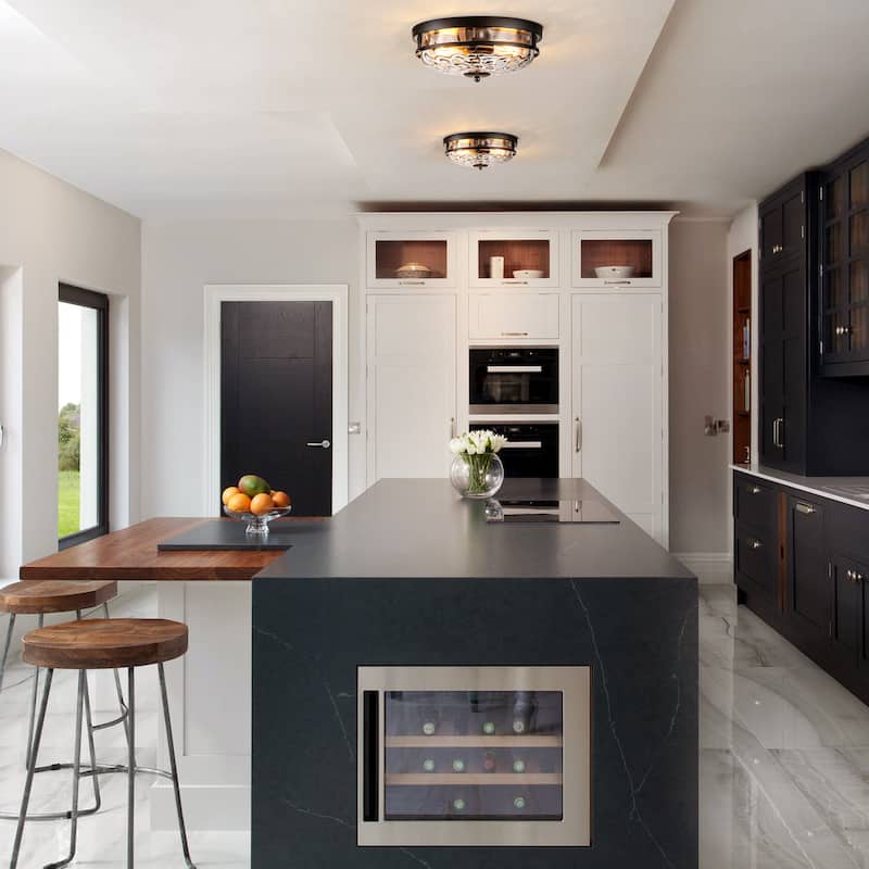 2-Light Modern Industrial Black Dome Clear Water Rippled Glass Flush Mount Ceiling Light - 12.9 in. W x 5.5 in. H
