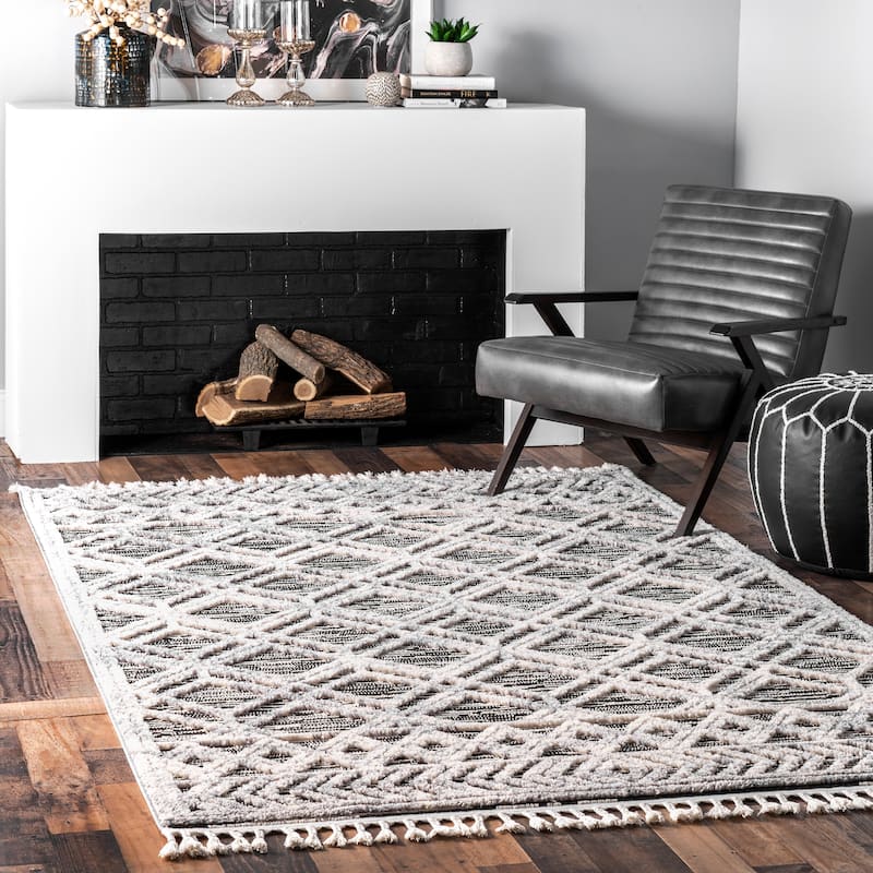 Nuloom Ansley Moroccan Lattice Tassel Area Rug - 3' x 5' - Grey - Rectangle