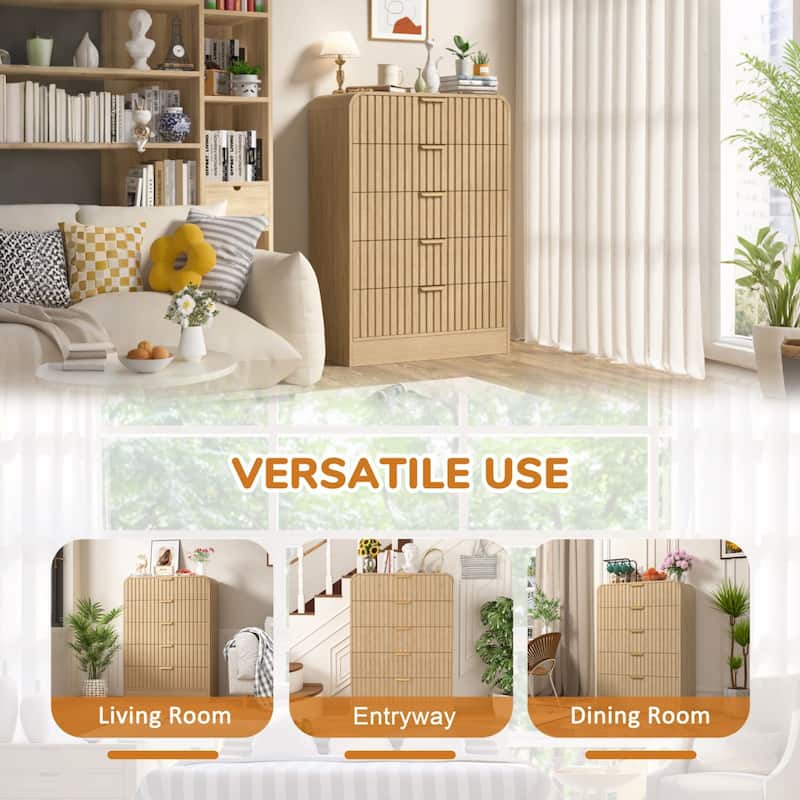 VEIKOUS 5-Drawer Chest of Drawers with Curved Edges & Waveform Fluted Panel Design, Wooden Dresser for Bedroom