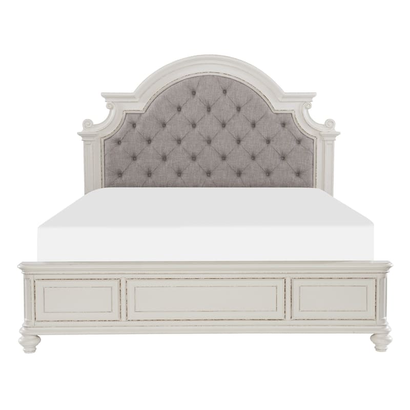 Milena Antique White Fabric Upholstered Tufted Panel Bed - King