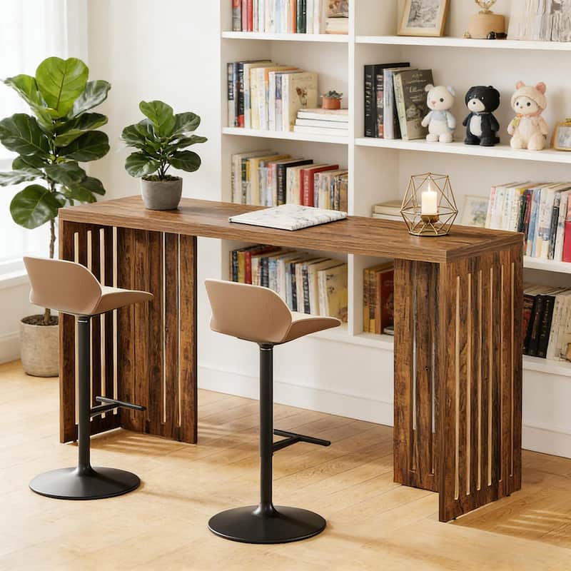 Wood Dining Table with Louvered Base, Classic Bar Table for Dining, Kitchen Table Coffee Table Home Office Table - Rustic Brown