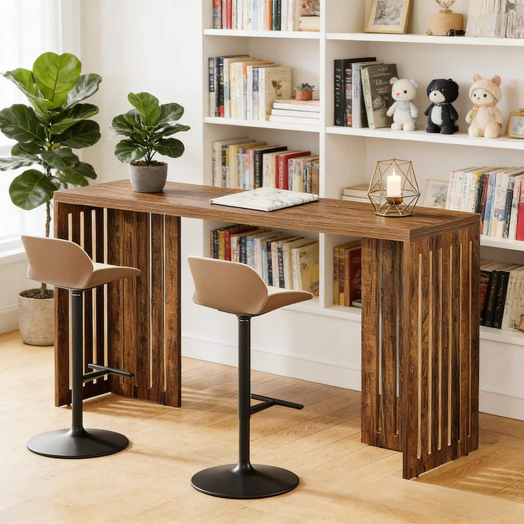 Wood Dining Table with Louvered Base, Classic Bar Table for Dining, Kitchen Table Coffee Table Home Office Table