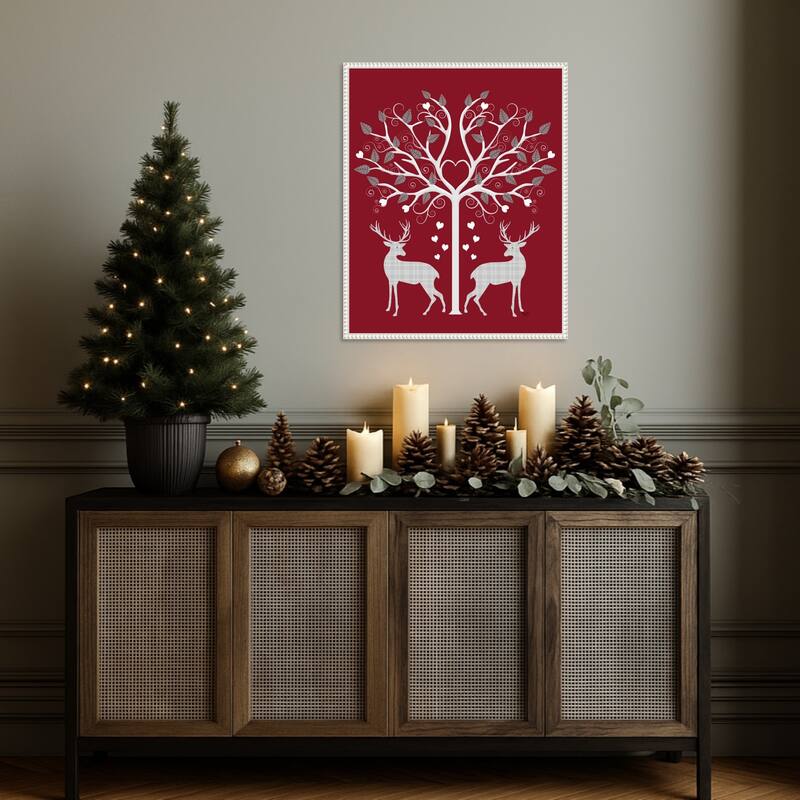 Christmas Des Deer and Heart Tree Grey on Red by Fab Funky (23 x 28 in.), Framed Canvas Wall Art Print - Sylvie Beaded White