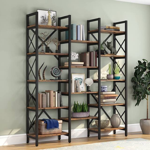 Large Triple Wide 5-Shelf Etagere Bookcase - DarkBrown-59"