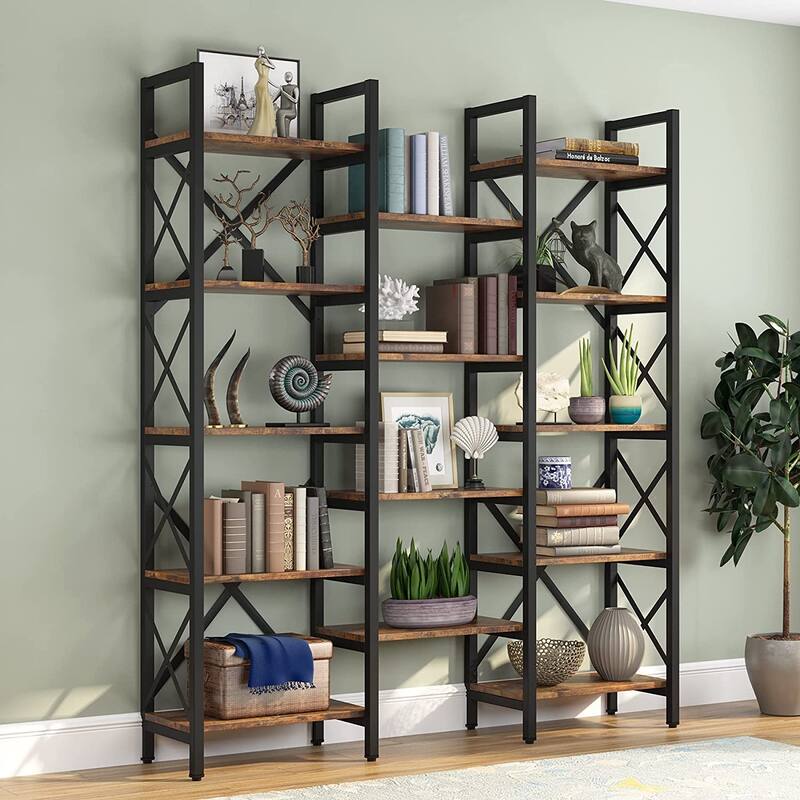 Large Triple Wide 5-Shelf Etagere Bookcase - DarkBrown-59"