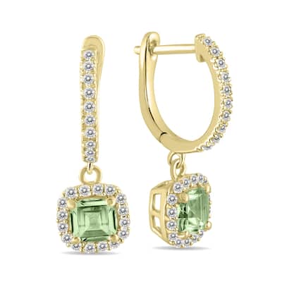 Marquee 1 Carat Green Amethyst and Diamond Halo Dangle Earrings in 10K Yellow Gold