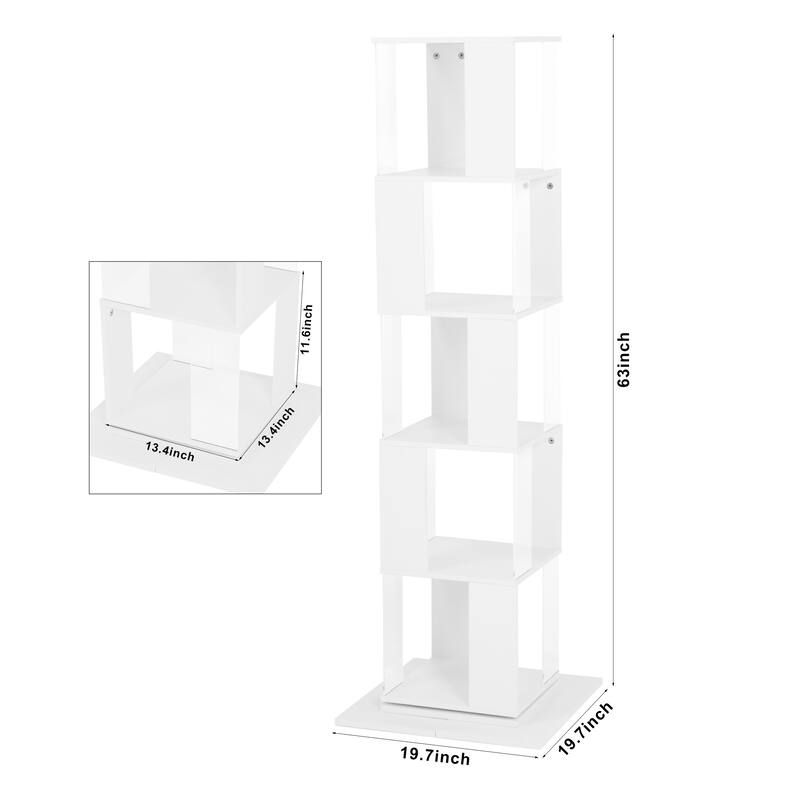 Anmytek Modern 360° Rotating Bookshelf 5-Tier Tall Display Shelf with Acrylic Plate for Home Office Living Room Bedroom