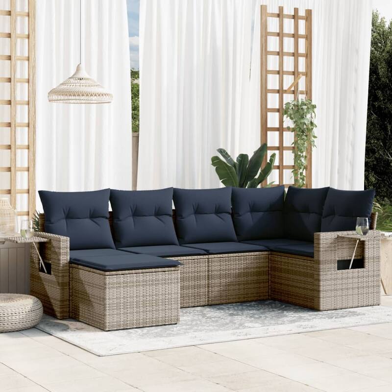 vidaXL Patio Sofa Set with Cushions Outdoor Conversation Furniture Poly Rattan - 24.4 x 24.4 x 27.2 - Grey and Blue-Without table