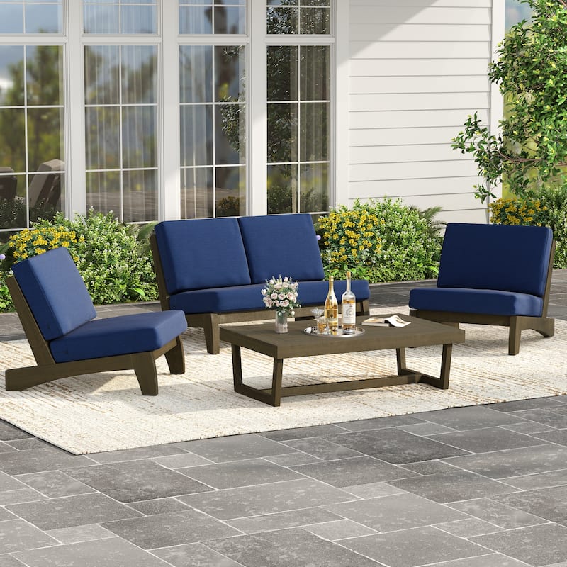 4Piece Wood Outdoor Loveseat Chair Conversation Set with Table Cushion