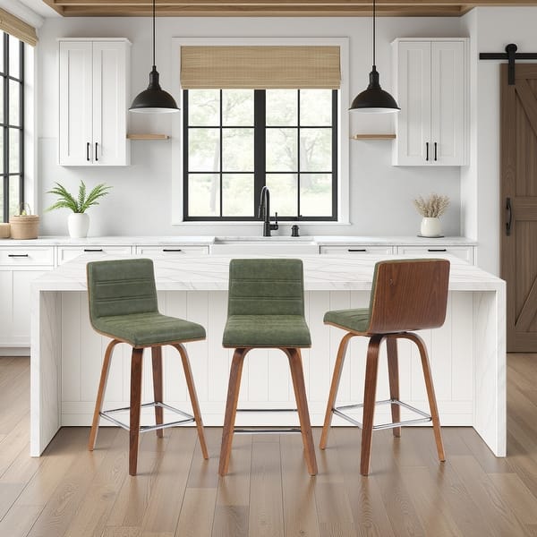 slide 2 of 14, Skara Mid-Century Swivel Counter Stool, Upholstered Counter Height Chair with Bentwood Legs Set of 3 - Vintage Green Faux Leather & Walnut