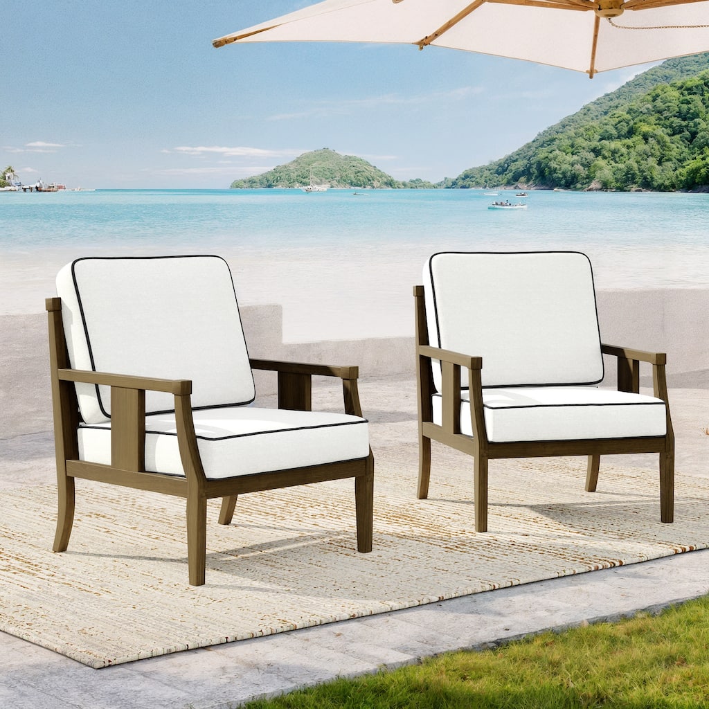 2 Set Brown Wood Outdoor Accent Club Chairs with Water-Resistant Cushions