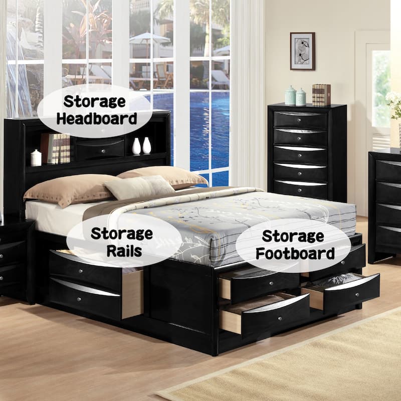 Queen Size Synthetic Wood Storage Bed with 8 Drawers and Bookcase Headboard