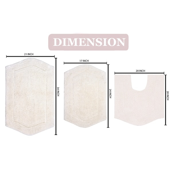 dimension image slide 10 of 19, Waterford Collection 100% Cotton Non-Slip Bathroom Rug Set, 3 Piece Machine Washable- Bathroom Rug, Bath Rug, U Shaped Contour