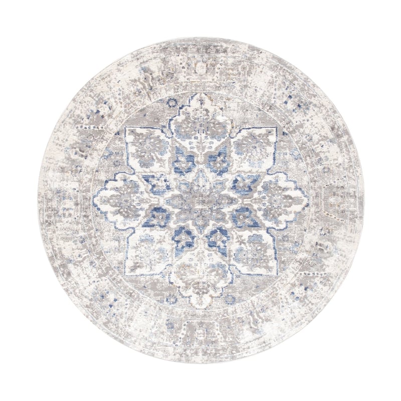 Pasargad Home Turkish Efes Design L. Grey Floral Area Rug - 8' Round - Light Grey