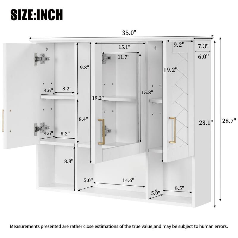 35 Inch Wall Mounted Bathroom Medicine Cabinet with Mirror, Adjustable Shelves, Soft Close Doors