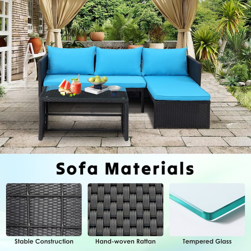 3-Piece Outdoor PE Rattan Furniture Set Patio Wicker Conversation Loveseat Sofa Sectional Couch Cushion