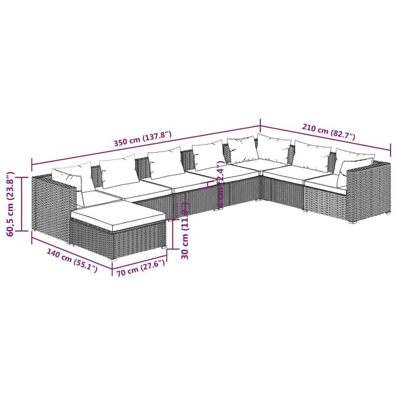 vidaXL 7 Piece Patio Lounge Set with Cushions Poly Rattan Brown - 27.6" x 27.6" x 24" - 27.6" x 27.6" x 24"