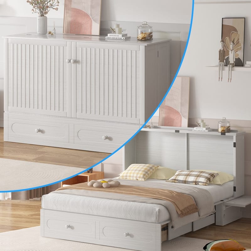 Mixoy Murphy Bed,Cube Foldable Cabinet Bed with Charging Station - White - Queen