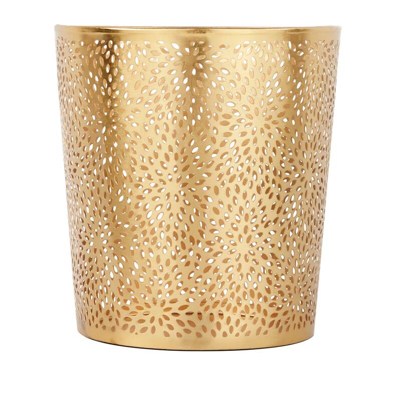 CosmoLiving by Cosmopolitan Gold Metal Small Waste Bin with Laser Carved Floral Design - 9 x 9 x 10