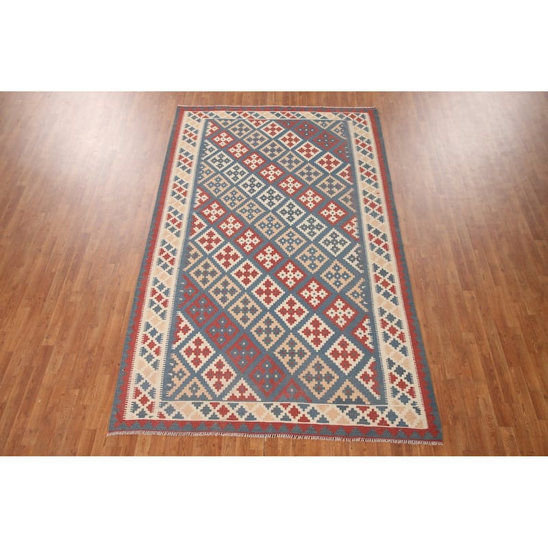 Geometric Kilim Persian Vintage Rug Flatweave Wool Carpet - 6'7"x 10'9"