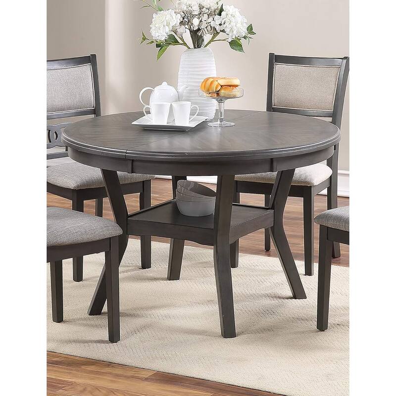 Dining Room Furniture Gray Oak Rubber wood MDF Round Table 1pc Table w Shelve