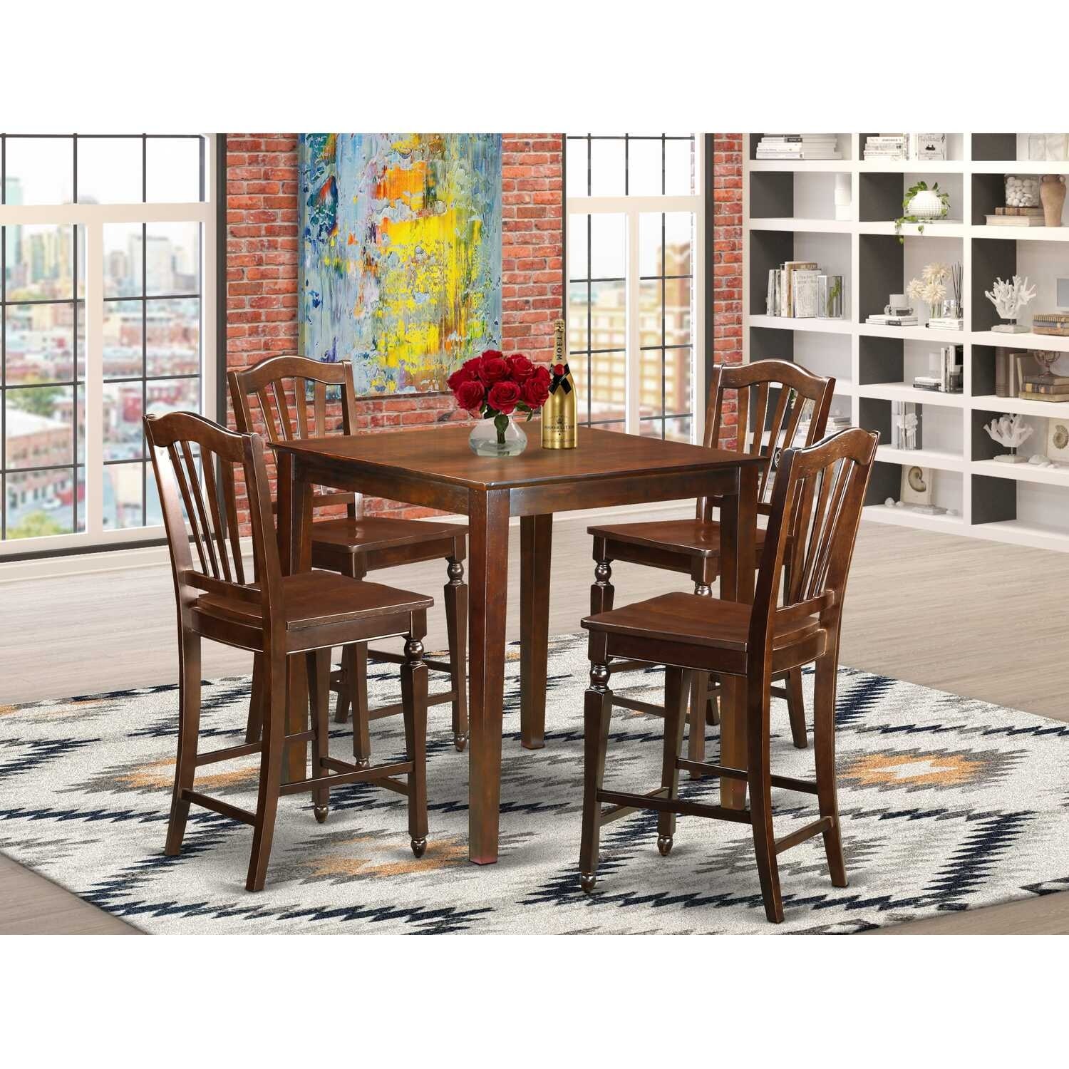 Modern Pub Table & Kitchen Chairs Set - 36" Square Table with 4 Stools - Hardwood Dining Set