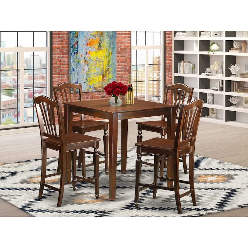 Modern Pub Table & Kitchen Chairs Set - 36" Square Table with 4 Stools - Hardwood Dining Set