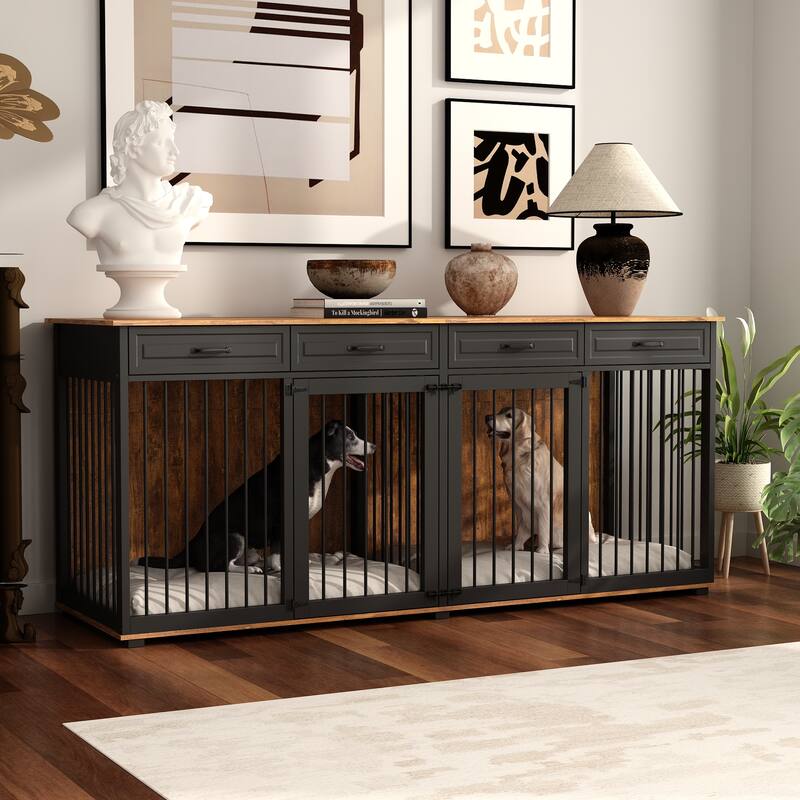 86.6"Wooden Dog Crate Kennel with 4 Drawers,Double Dog Crate Furniture - Black+Walnut