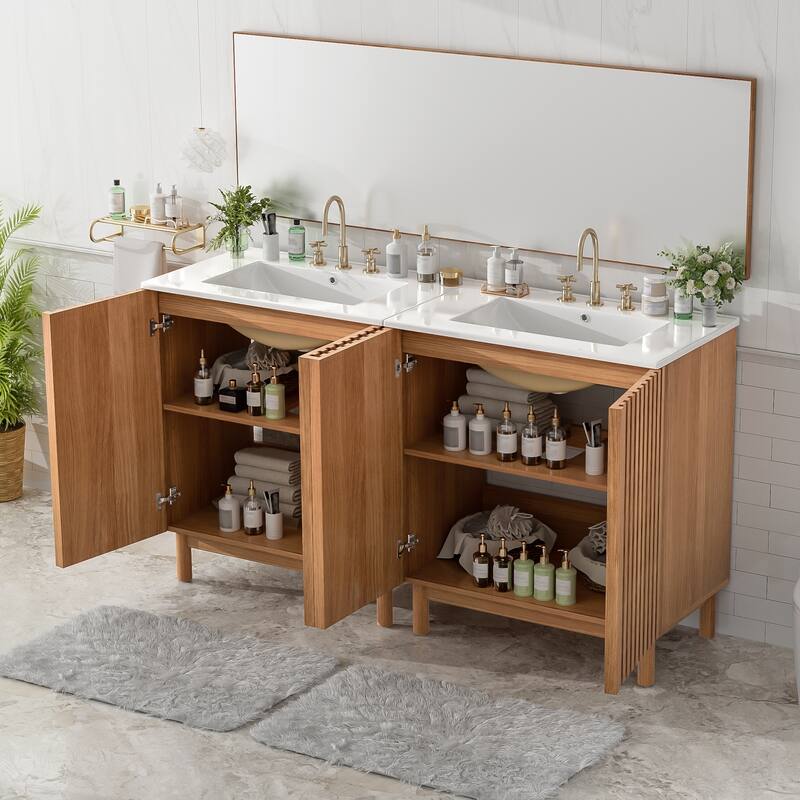 GDFStudio - Eleanor Traditional Wood Grain Bathroom Vanity with U-Shaped Adjustable Shelf, Ceramic Sink & Soft-Close Doors