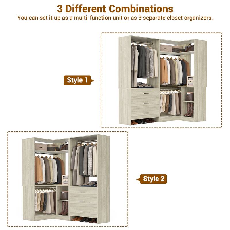 Set of 2 Freestanding Corner Closet Organizer with Drawers, Walk-in Closet System with Hanging Rods