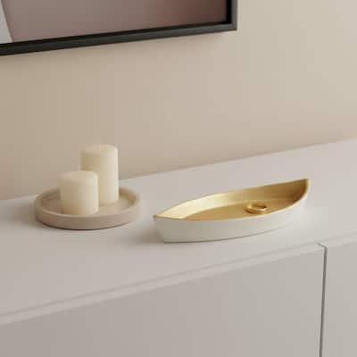 HomeRoots 10" Gold And Off White Cast Iron Oval Boat Shaped Tray - 9.75 in. x 1.25 in. x 4.25 in.
