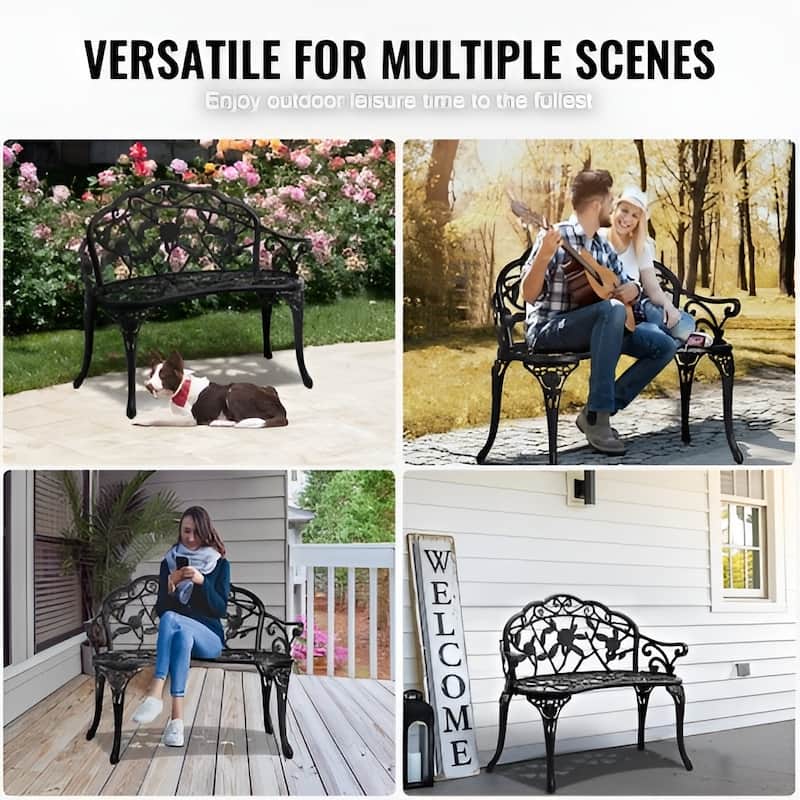 Black Metal Outdoor Garden Bench, Floral Design, 480lb Patio Seating - 22.4” L x 38.8” W x 31.1” H