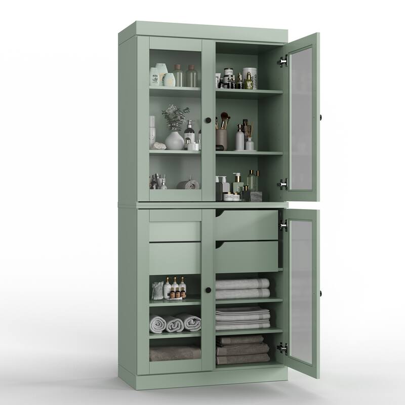Palace Imports 100% Solid Wood Bathroom Storage Cabinet, Clear Glass Doors, 2 Drawers, Adjustable Shelves, 32" Wide, 71.5" Tall