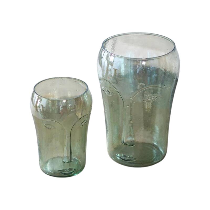 Set of Two Light Green Glass Modern Abstract Faces Table Vases - 8.00