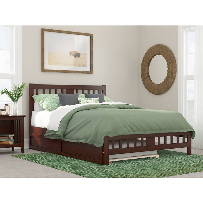 Twin Trundle Bed with Footboard - Walnut Finish, Seaside Style, Solid Wood Frame, Easy Assembly