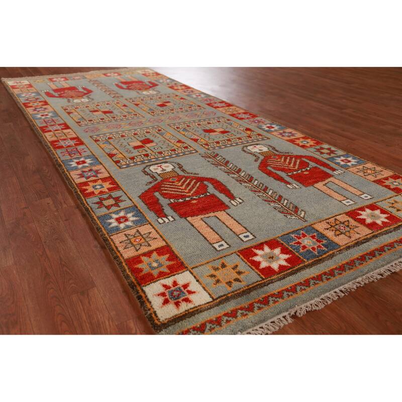 Hand Knotted Oriental 100% Wool Carpet Traditional Tribal Greys & Charcoal Heriz (serapi) Runner Rug - 9' 11'' X 4' 1''